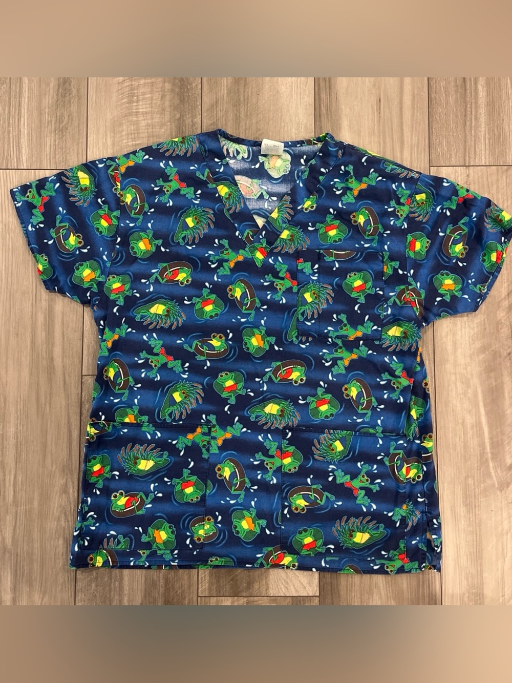 Whimsical Frog Print Navy Short Sleeve V-Neck Scrub Top